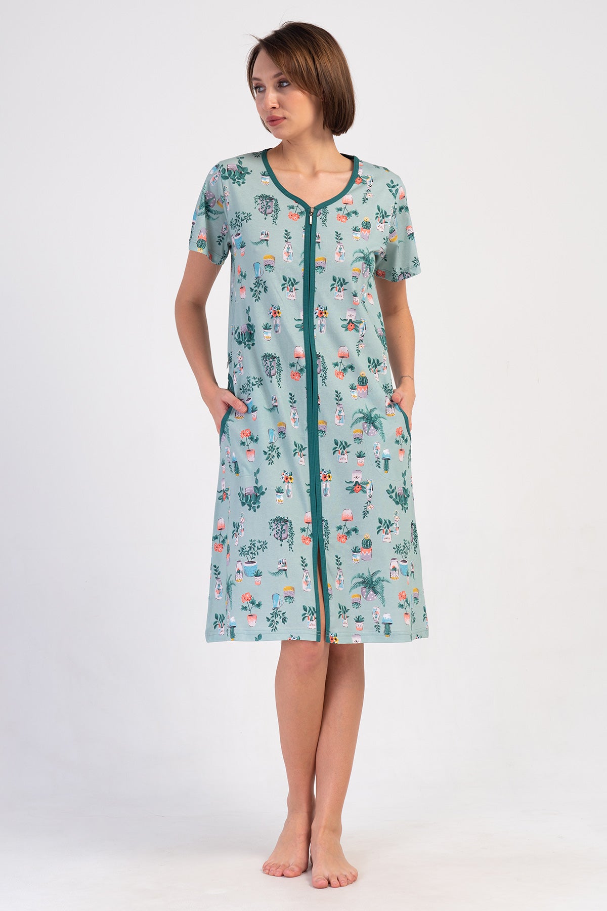 ROCHIE DE CASĂ DE DAMĂ CU MÂNECĂ SCURTĂ, FERMOAR ȘI BUZUNARE P.SUPREM - VERDE