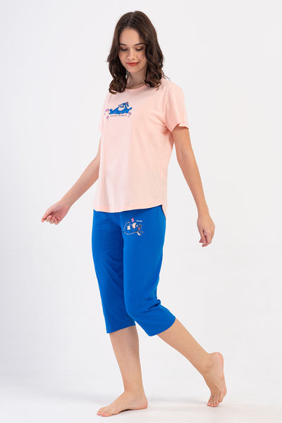 Costum oval Capri cu mânecă scurtă și guler în formă de O pentru femei P.SUPREM - roz pal