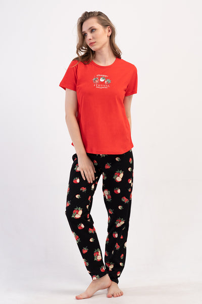 SET PIJAMA FEMEI P.SUPREM XXL GÂT ROTUND MÂNECĂ SCURTĂ CU FUSTĂ OVALĂ - ROȘU NOU