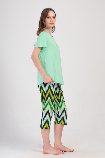 WOMEN'S P.SUPREM XXL O-NECK SHORT SLEEVE SKIRT OVAL CAPRI SUIT - MINT