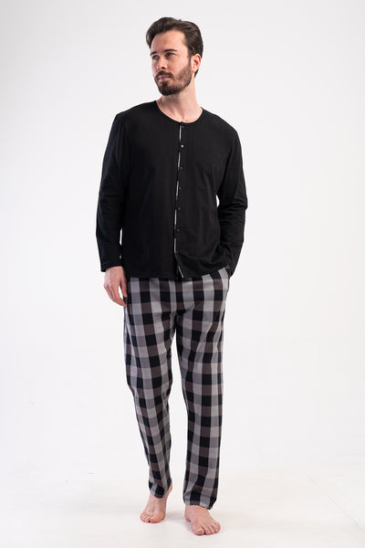 PIJAMA BĂRBAȚI CU BUZUNARE, SUPREM XXL, CU NASTURI PE TOATĂ LUNGIMEA, MÂNECĂ LUNGĂ - NEGRU