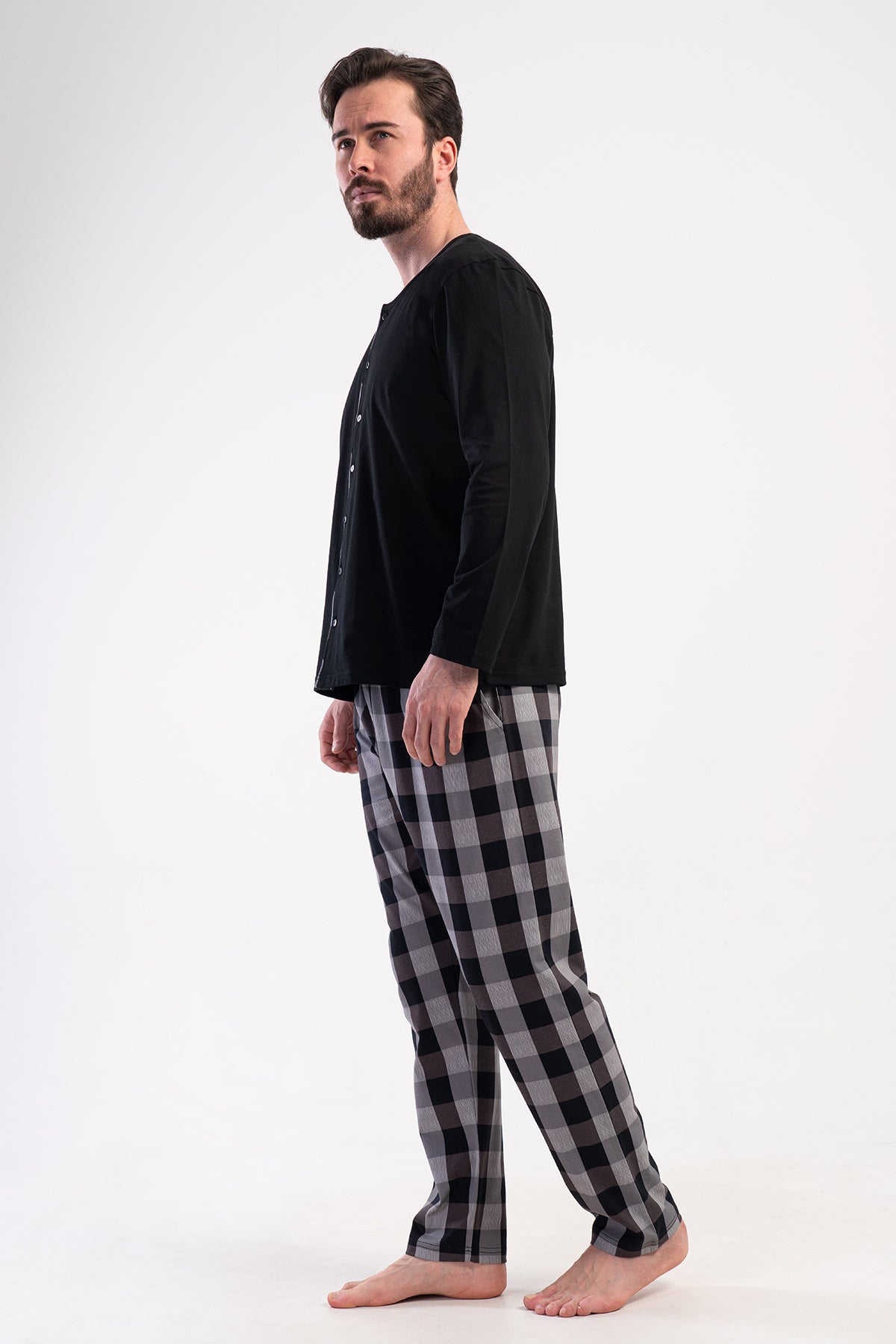 PIJAMA BĂRBAȚI CU BUZUNARE, SUPREM XXL, CU NASTURI PE TOATĂ LUNGIMEA, MÂNECĂ LUNGĂ - NEGRU
