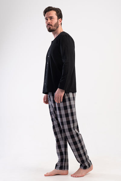 PIJAMA BĂRBAȚI CU BUZUNARE, SUPREM XXL, CU NASTURI PE TOATĂ LUNGIMEA, MÂNECĂ LUNGĂ - NEGRU