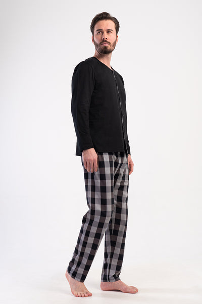 PIJAMA BĂRBAȚI CU BUZUNARE, SUPREM XXL, CU NASTURI PE TOATĂ LUNGIMEA, MÂNECĂ LUNGĂ - NEGRU