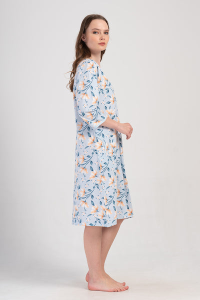 ROCHIE DE CASĂ DE DAMĂ P.SUPREM XXL 3/4 MÂNECI, CU FERMOAR ȘI BUZUNARE - ALBASTRU