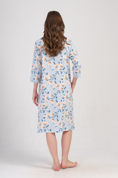 ROCHIE DE CASĂ DE DAMĂ P.SUPREM XXL 3/4 MÂNECI, CU FERMOAR ȘI BUZUNARE - ALBASTRU