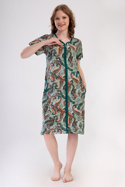 ROCHIE DE CASĂ DE DAMĂ P.SUPREM, CU MÂNECĂ SCURTĂ, CU FERMOAR ȘI BUZUNARE - KAKI
