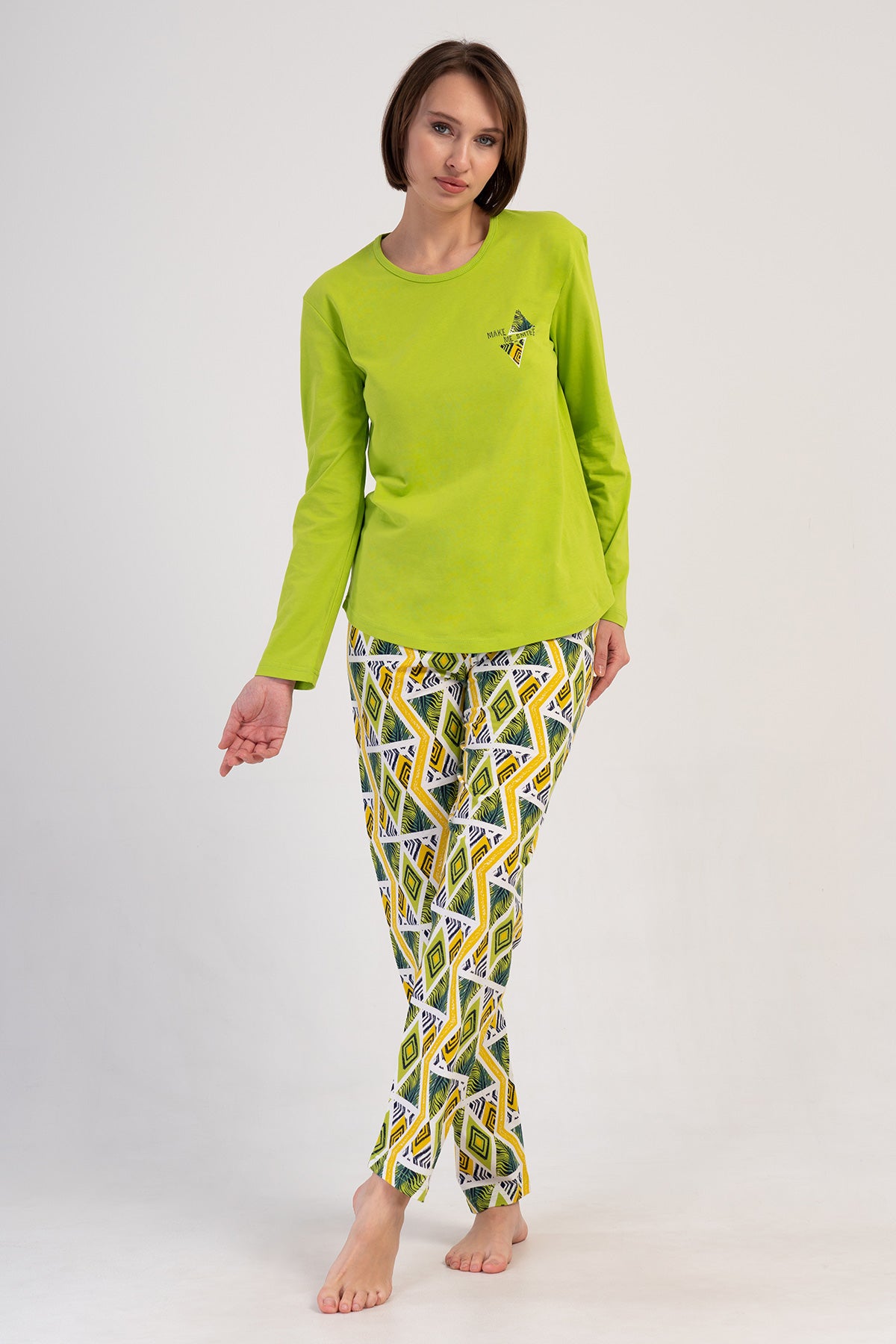 Set pijama oval cu fustă și mânecă lungă, cu guler în O, P.SUPREM, pentru femei - verde