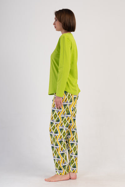 Set pijama oval cu fustă și mânecă lungă, cu guler în O, P.SUPREM, pentru femei - verde