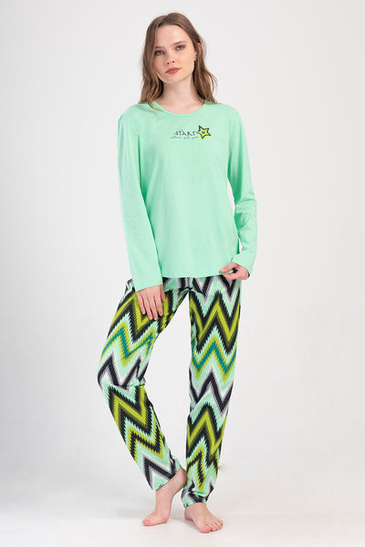 WOMEN'S P.SUPREM O-NECK LONG SLEEVE SKIRT OVAL PAJAMA SET - MINT