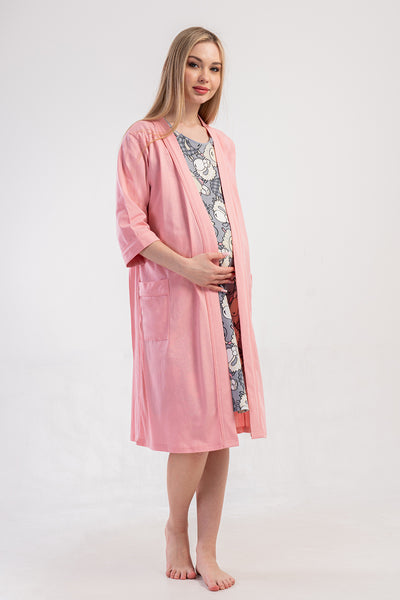KADIN P.SUPREM CIFT PATLI KISA KOL HAMILE TUNIK+3/4 KOL CEPLI SABAHLIK TAKIM - PINK