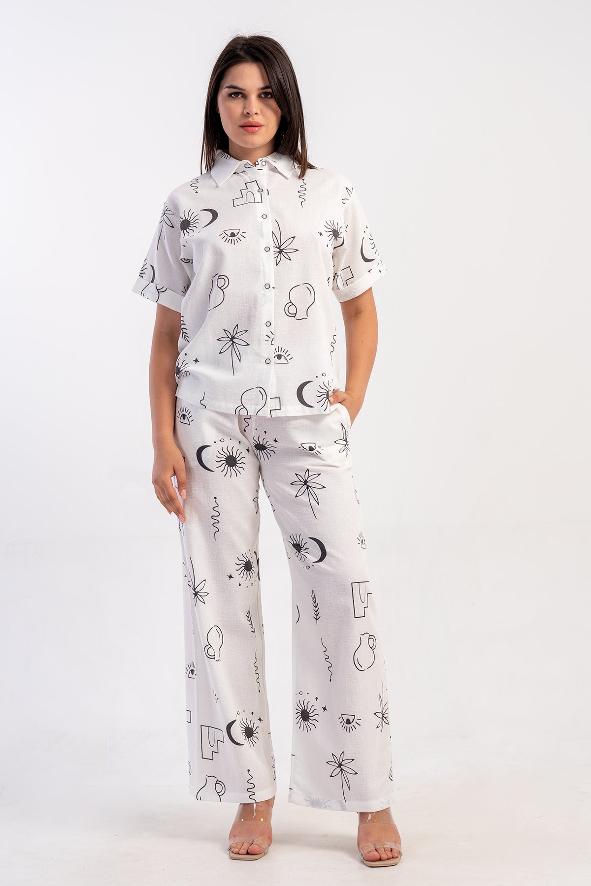 SET CAMASĂ CU MÂNECĂ SCURTĂ CU BUZUNAR ȘI PANTALONI DAMA CYPRUS DOUBLE FOLD - ALB