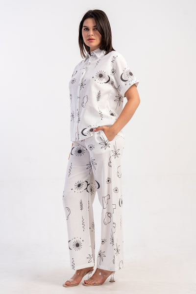 SET CAMASĂ CU MÂNECĂ SCURTĂ CU BUZUNAR ȘI PANTALONI DAMA CYPRUS DOUBLE FOLD - ALB