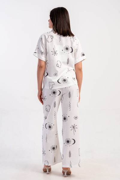 SET CAMASĂ CU MÂNECĂ SCURTĂ CU BUZUNAR ȘI PANTALONI DAMA CYPRUS DOUBLE FOLD - ALB