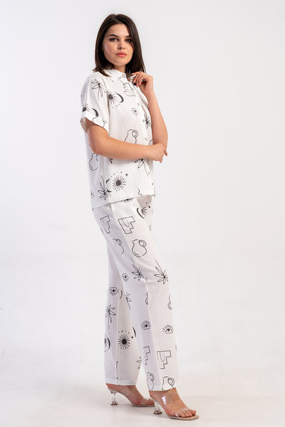 SET CAMASĂ CU MÂNECĂ SCURTĂ CU BUZUNAR ȘI PANTALONI DAMA CYPRUS DOUBLE FOLD - ALB
