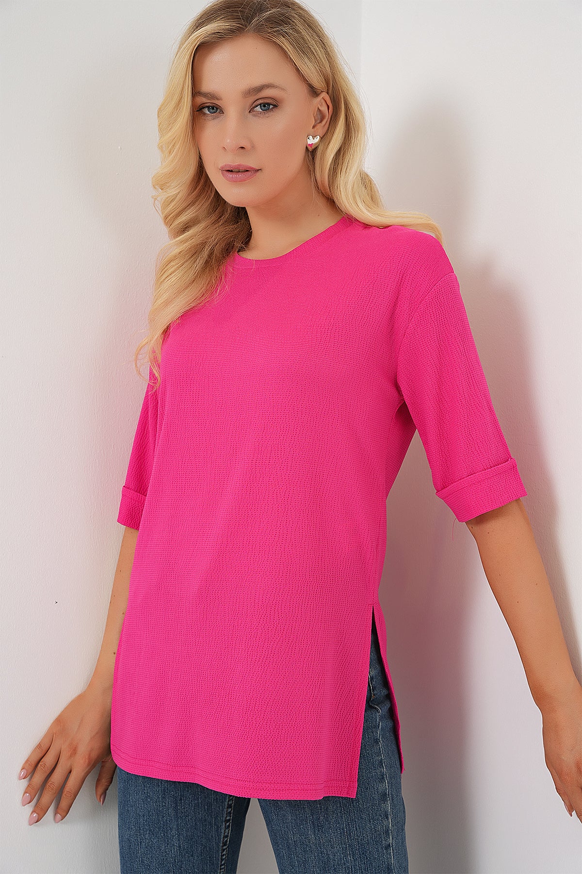 4332 Tricou Tricot cu Fante pe Laturi - Fuchsia