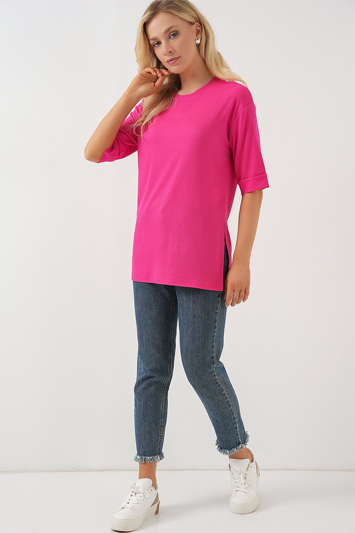 4332 Tricou Tricot cu Fante pe Laturi - Fuchsia