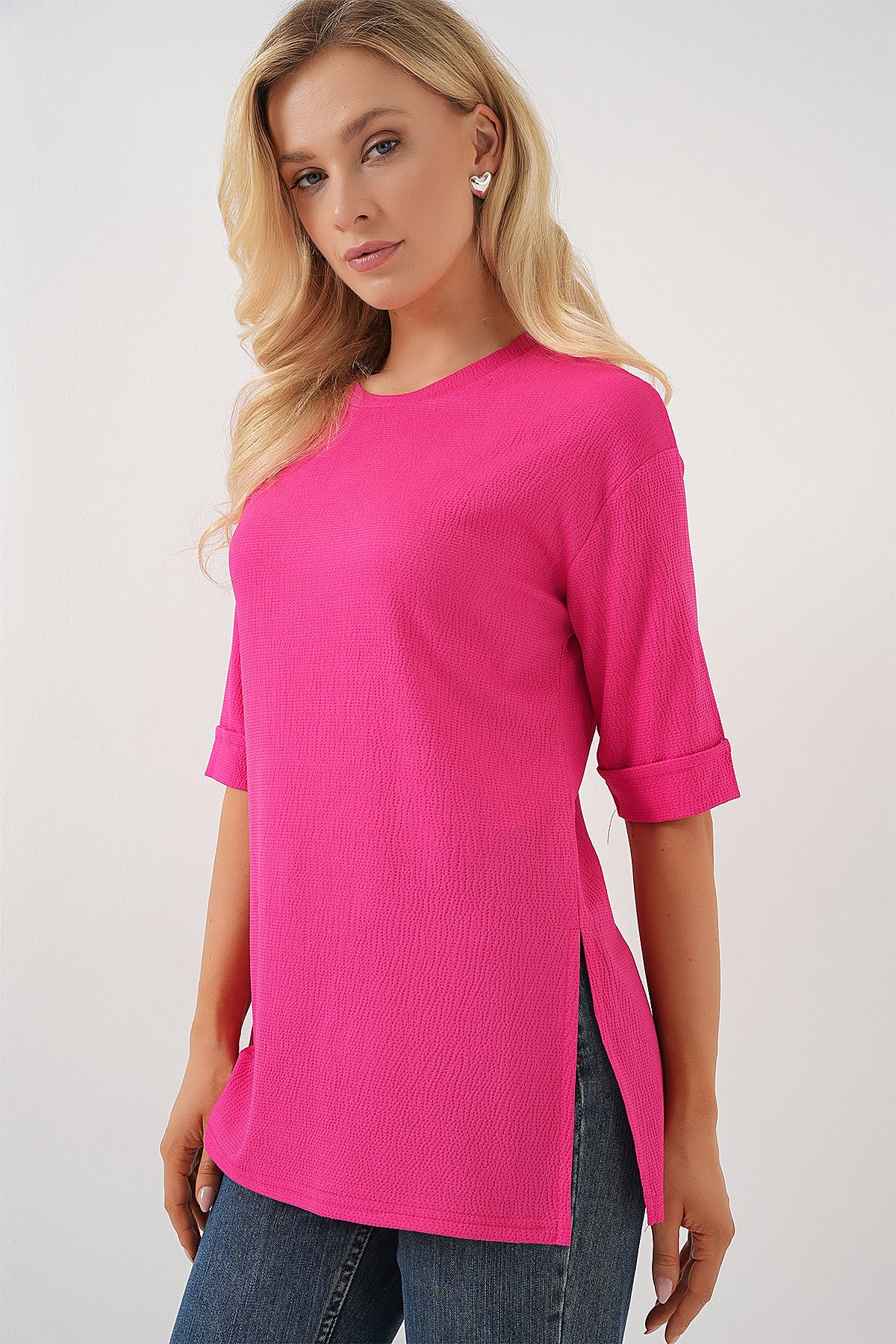 4332 Tricou Tricot cu Fante pe Laturi - Fuchsia