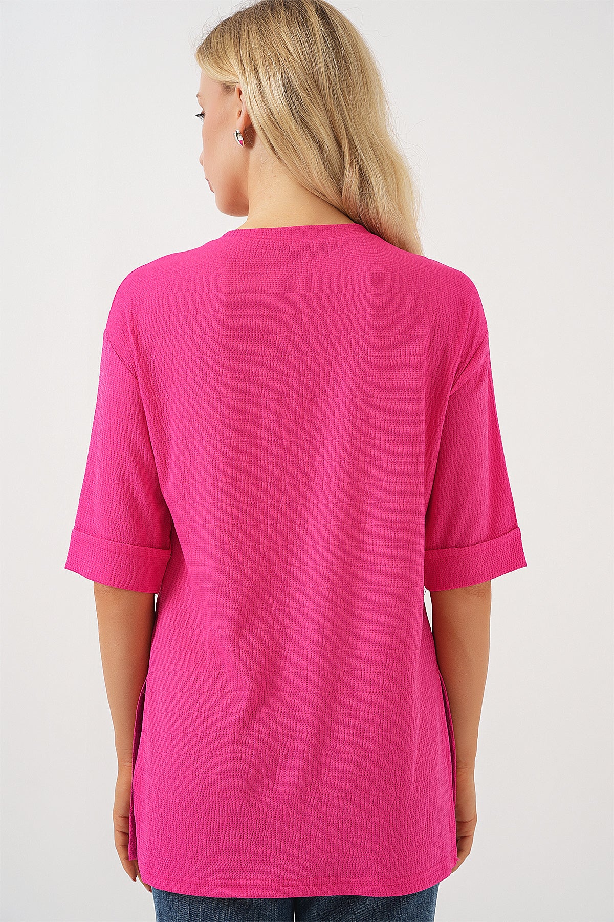 4332 Tricou Tricot cu Fante pe Laturi - Fuchsia