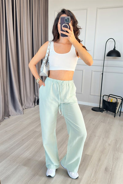 Pantaloni de Gros din In Menta cu Legătură la Talie