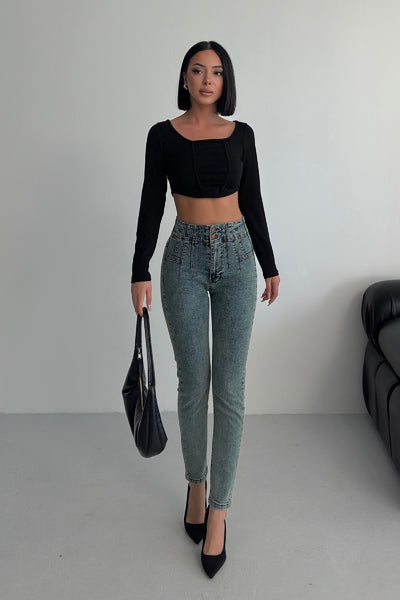 Pantalon Denim Skinny cu Pliseu 7053