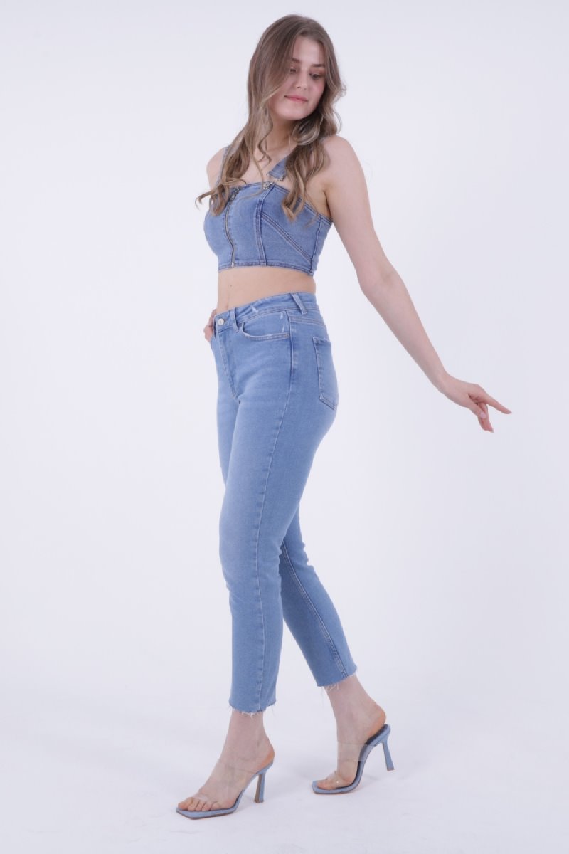 Pantaloni Denim Mom Fit cu Crac fara Cusaturi 764