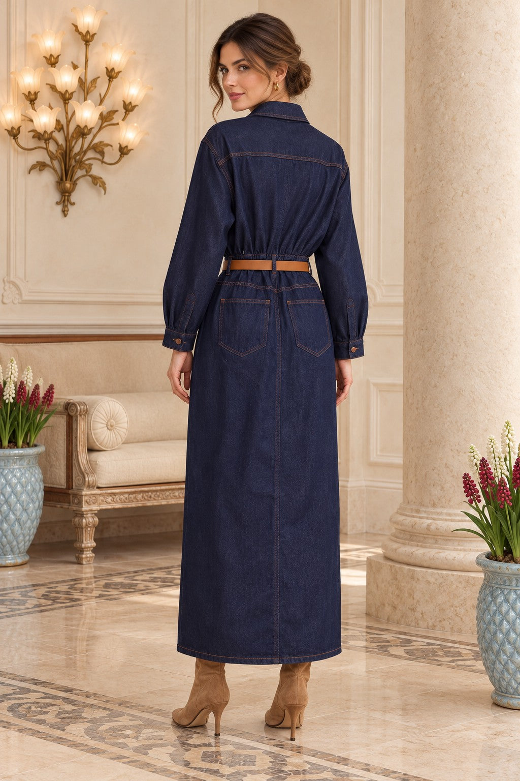Rochie din denim drapată cu cămașă și curea 3101