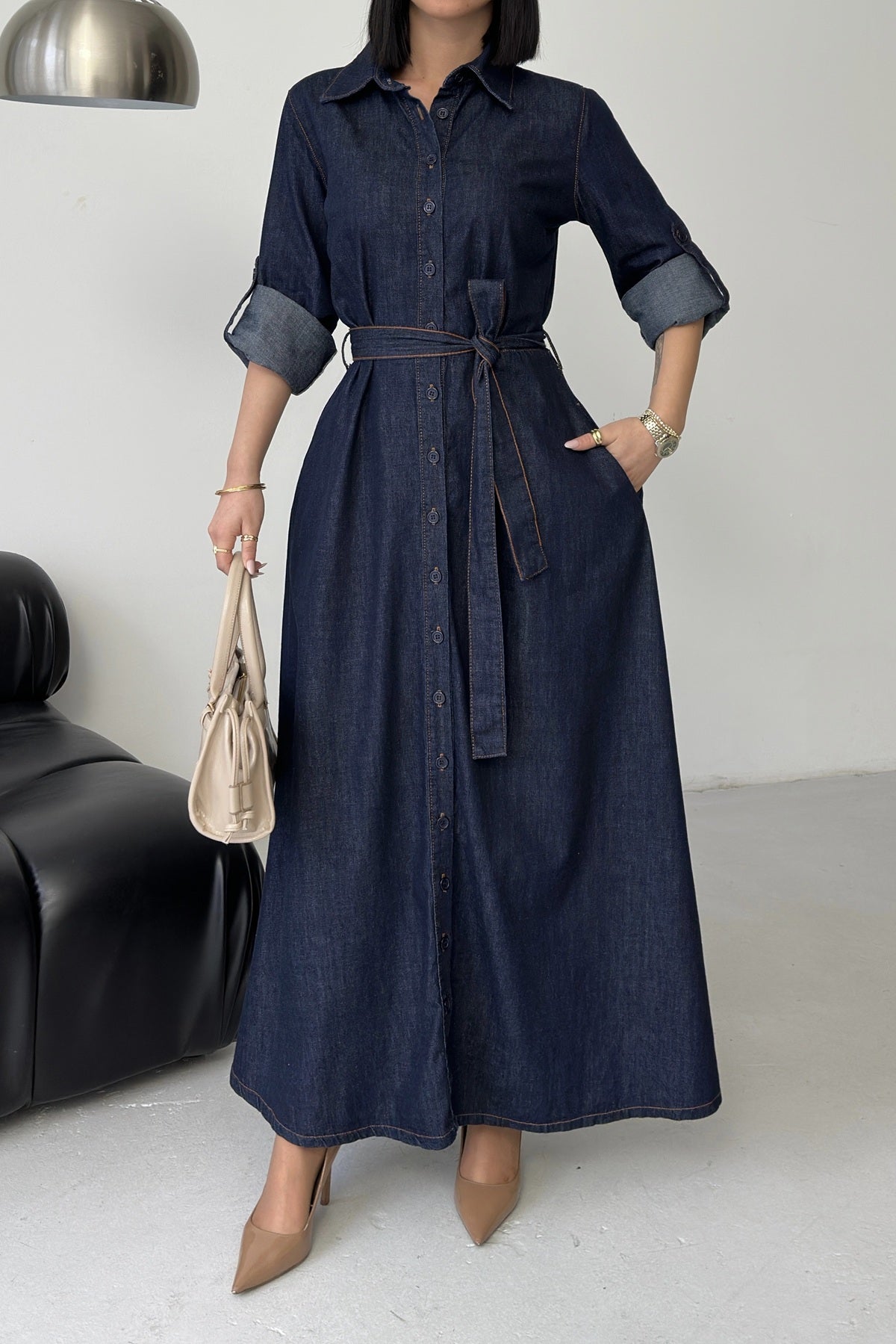 Rochie Denim Lunga cu Nasturi 3047