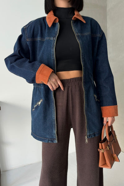 Jachetă Denim cu Fermoar și Detalii din Catifea 6129