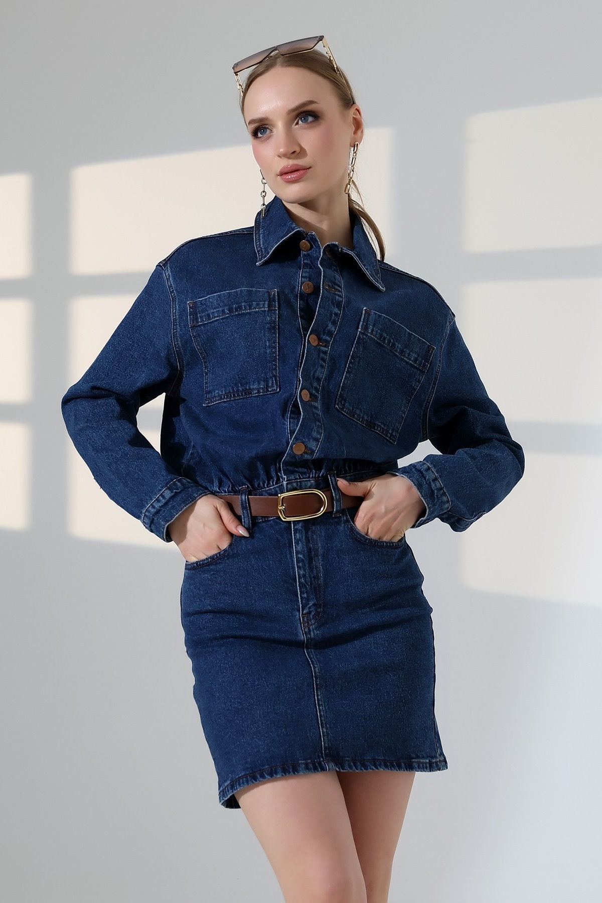 Rochie mini din denim cu nasturi 3027