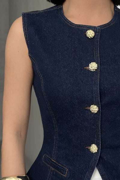 Vestă din denim cu nasturi și croială la talie 6086