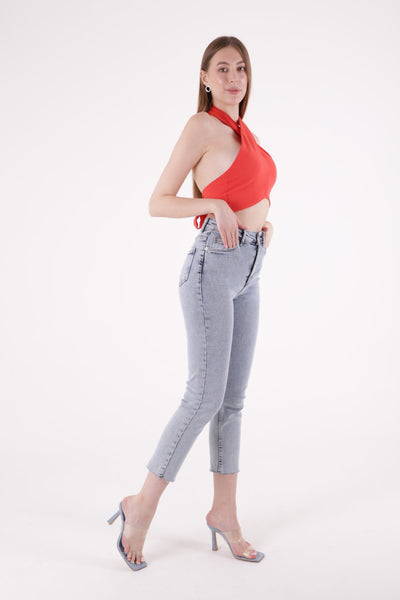 Pantaloni Denim Mom Fit cu Crac fara Cusaturi 764