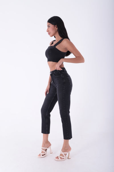 Pantaloni Denim Mom Fit cu Crac fara Cusaturi 764