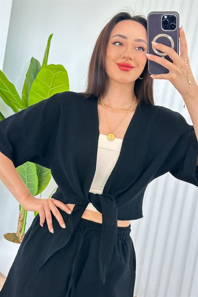 Kimonoul de Toptan Negru Model Scurt cu Legătură din Muselină din Față