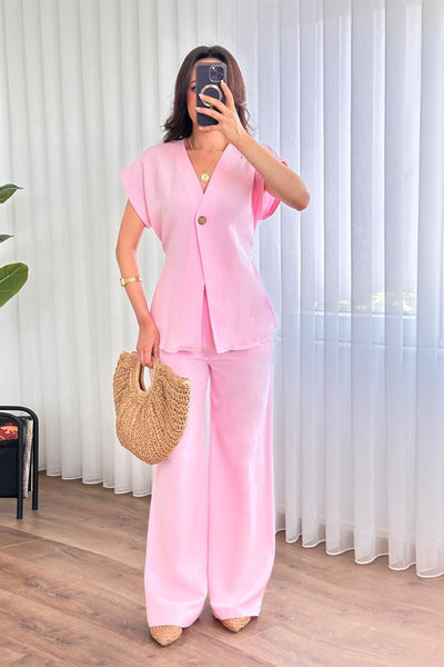 Tek Düğme Beli Bağlamalı Keten Toptan Pembe İkili Takım
