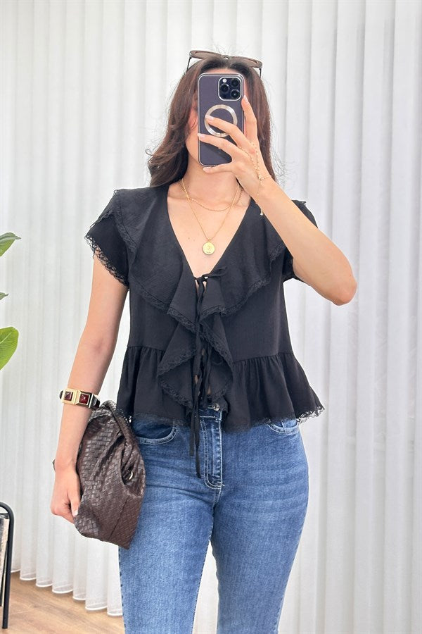 Bluza de Toptan Neagră cu Legătură Detaliu Dantelă