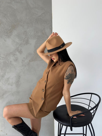 Mink Cashmere Double-Breasted Oversize Vest Skirt Set