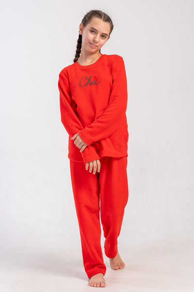 SET PIJAMA FETE DIN POLAR CU GULER ROTUND, MÂNECĂ LUNGĂ ȘI TIV OVAL (7-8/13-14) - ROȘU NOU