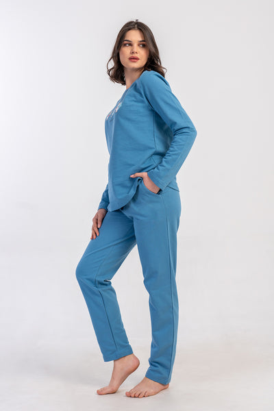 COSTUM DE PIJAMA DAMĂ 2 FIRE XXL, GÂT ROTUND, MÂNECĂ LUNGĂ, TIV OVAL, CU BUZUNARE - ALBASTRU DESCHIS
