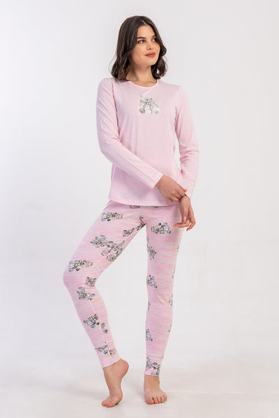 Pijama damă, lycra, suprem, guler rotund, mâneci lungi, tiv oval, manșete, jambiere – Roz