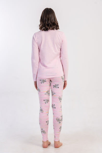 Pijama damă, lycra, suprem, guler rotund, mâneci lungi, tiv oval, manșete, jambiere – Roz