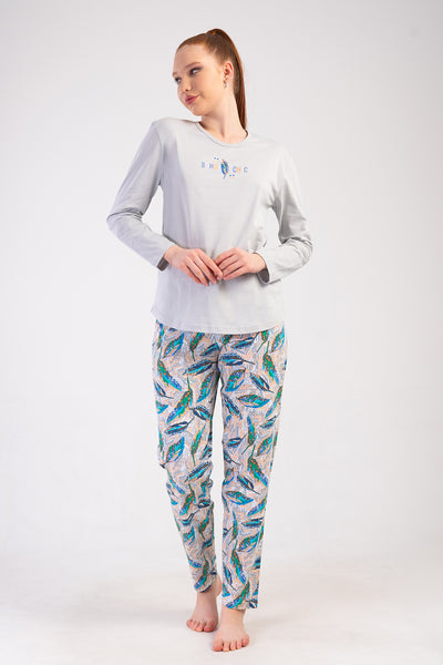 Kadın Penye Süprem Xxl O Yaka Uzun Kol Eteği Oval Pijama Takım - Taş