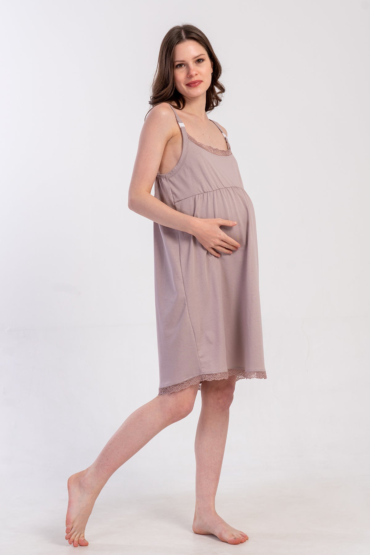 Kadın Penye Süprem Ip Askılı Büzgülü Dantelli Hamıle Tunik - A.kahve