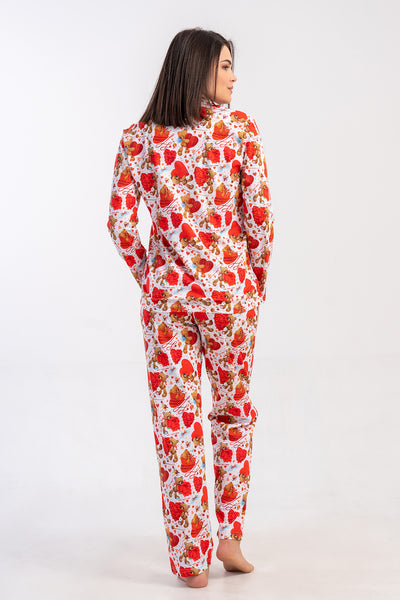 COMPLEU Pijama Dama P.Suprem, Guler Cămașă, Închidere Integrală cu nasturi, Mânecă Lungă, Buzunare - ROȘU NOU