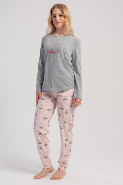 SET DE PIJAMA P.SUPREM CU GÂT ÎN O, MÂNECĂ LUNGĂ, CU MANȘETE OVALE, PENTRU DAMĂ - GRI MELANGE