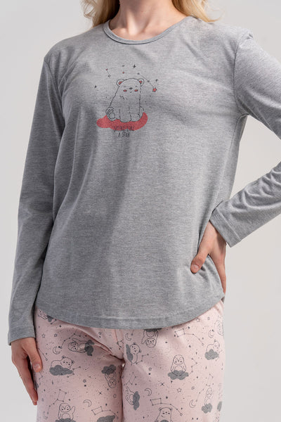KADIN P.SUPREM O YAKA UZUN KOL ETEGI OVAL MANSETLI PIJAMA TAKIM - GRAY MELANGE