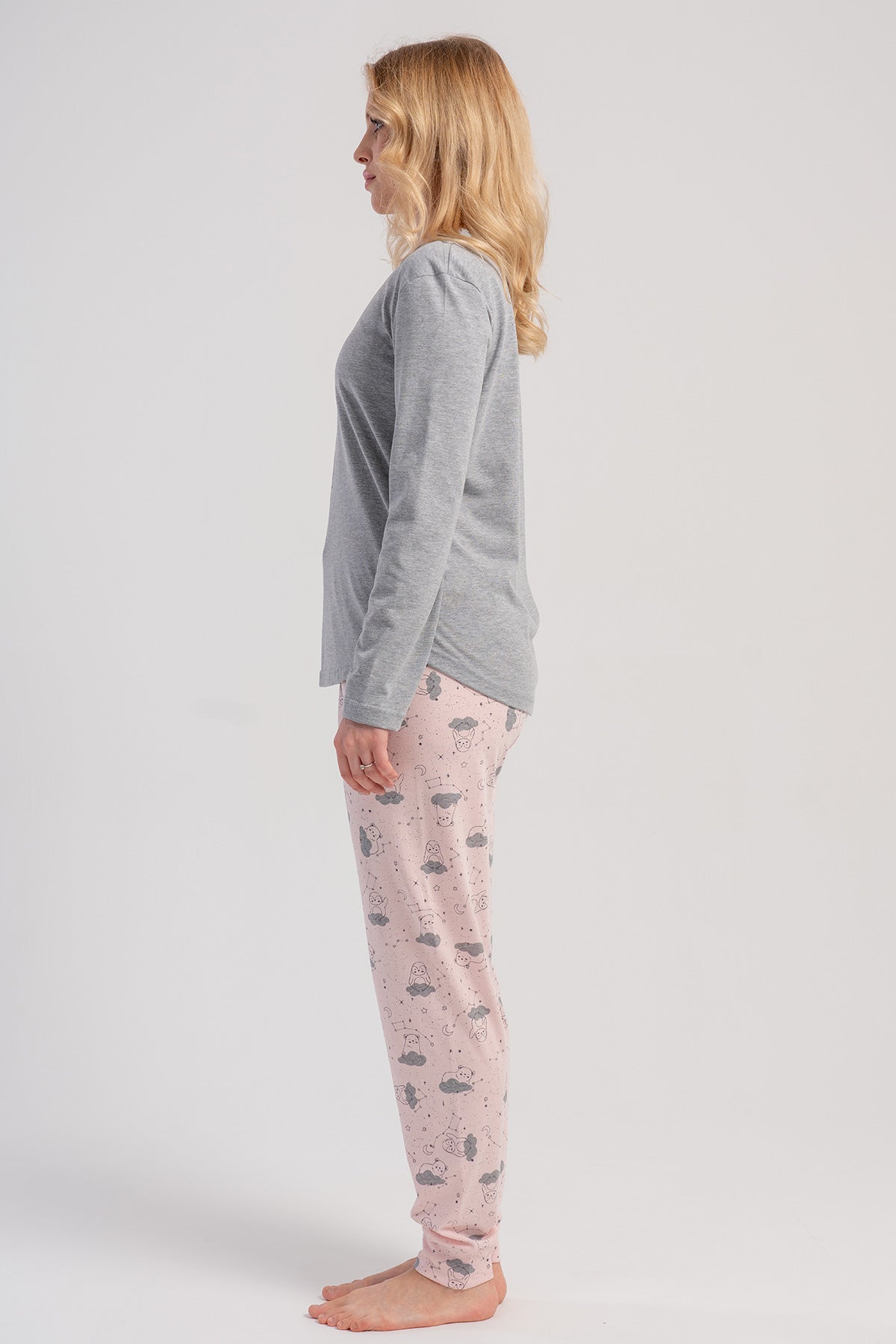 SET DE PIJAMA P.SUPREM CU GÂT ÎN O, MÂNECĂ LUNGĂ, CU MANȘETE OVALE, PENTRU DAMĂ - GRI MELANGE