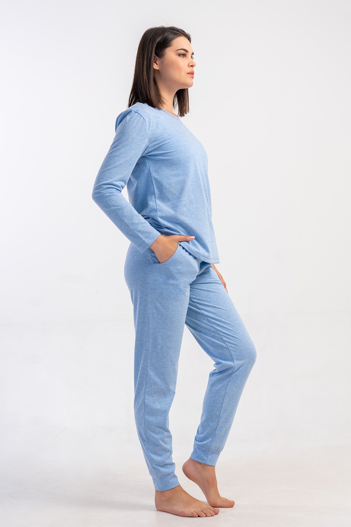 Kadın Penye Süprem O Yaka Uzun Kol Eteği Oval Manşetli Cepli Pijama Takım - Mavi