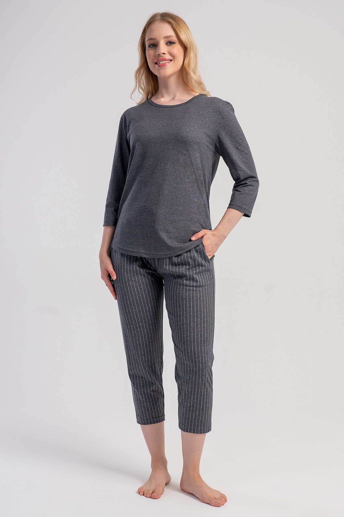 Kadın Penye Süprem O Yaka 3/4kol Cepli 7/8 Boy Pijama Takım - Gri