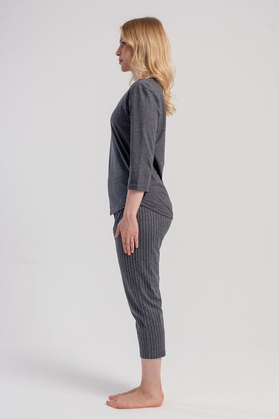 Kadın Penye Süprem O Yaka 3/4kol Cepli 7/8 Boy Pijama Takım - Gri
